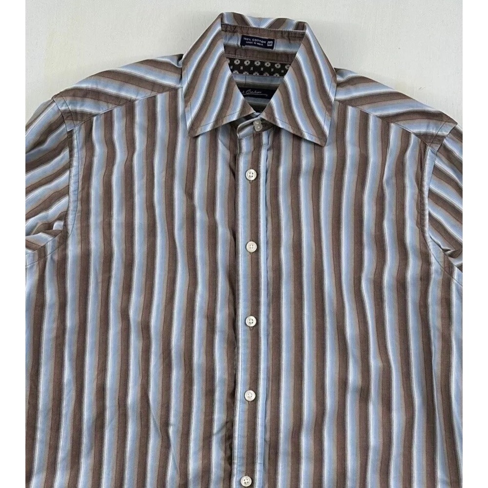 Robert GRAHAM Shirt Medium Men Flip Cuffs Blue Brown Stripes Colorful Cotton